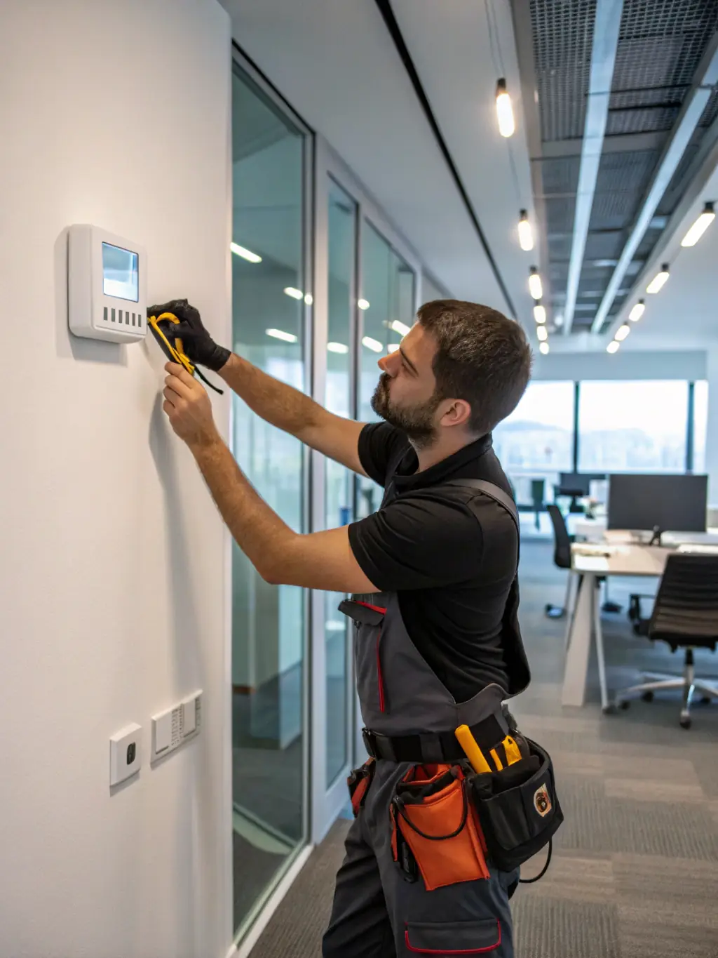 An HVAC technician adjusting a smart thermostat while receiving automated service reminders on a tablet, set in a residential environment.