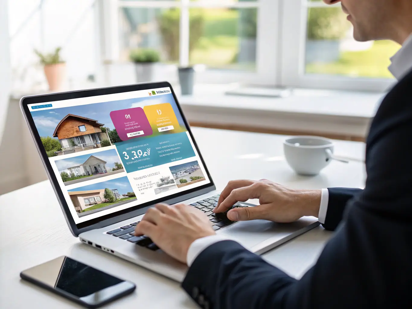 A modern real estate agent in a bright office using a laptop and smartphone, reviewing automated lead notifications and analytics dashboards, with property listings visible on a large screen in the background.