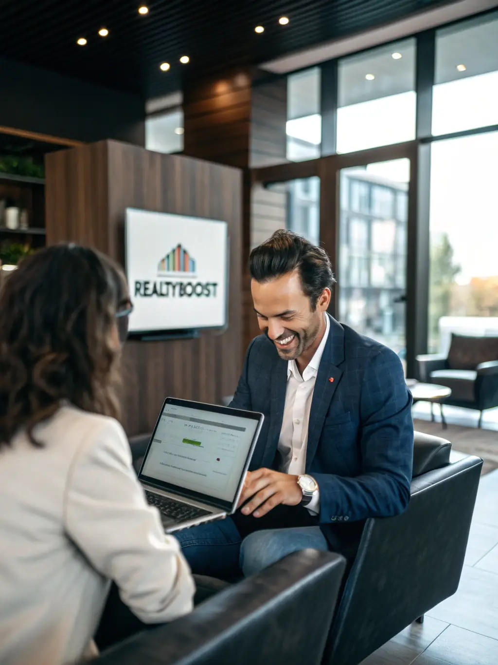 A confident real estate agent reviewing a digital dashboard with rising lead numbers, set in a modern office, representing increased leads through automation.