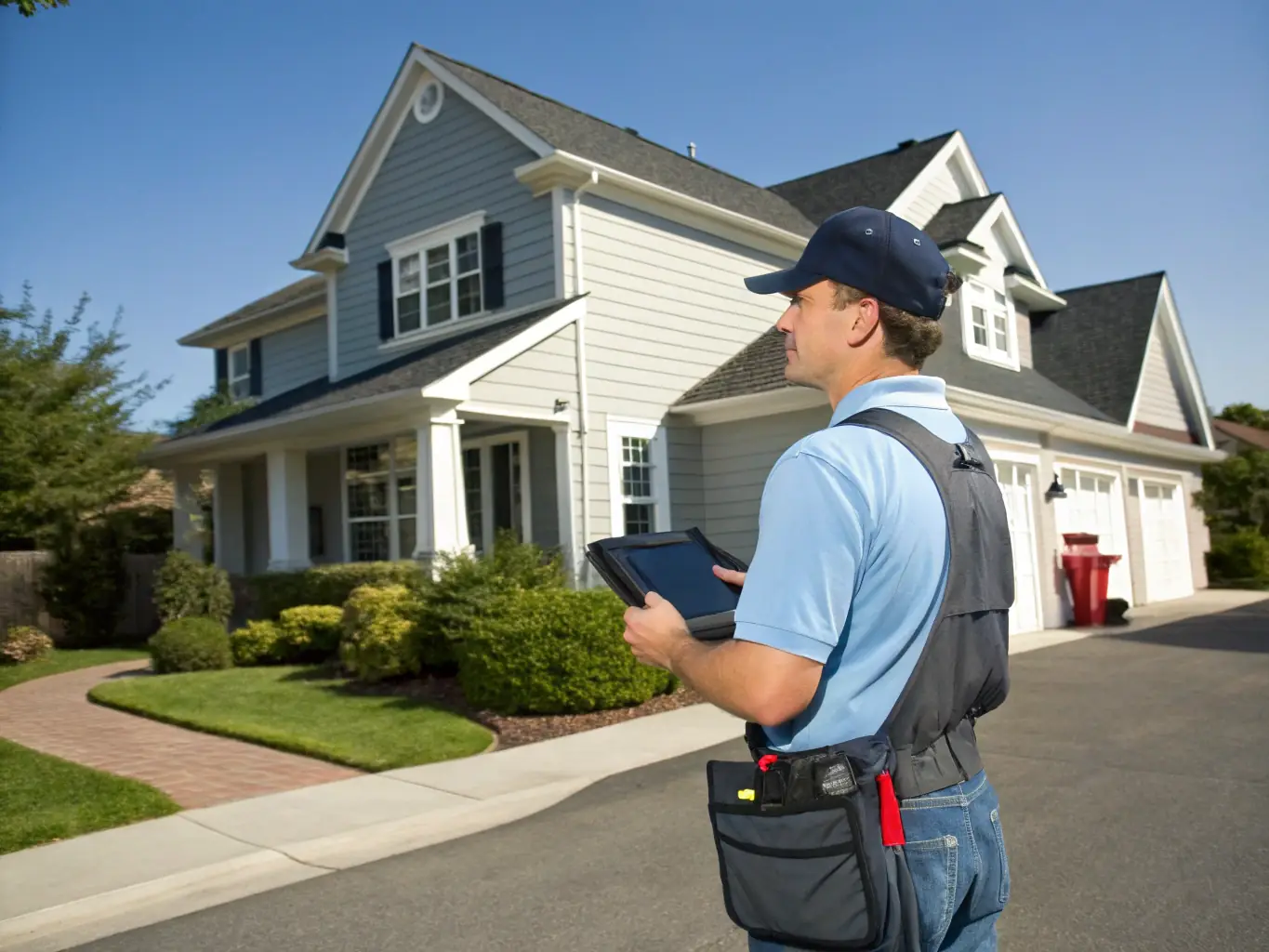 A home services technician (plumber or HVAC) in branded uniform, checking a tablet with automated appointment reminders and customer feedback requests, standing next to a service van outside a suburban home.
