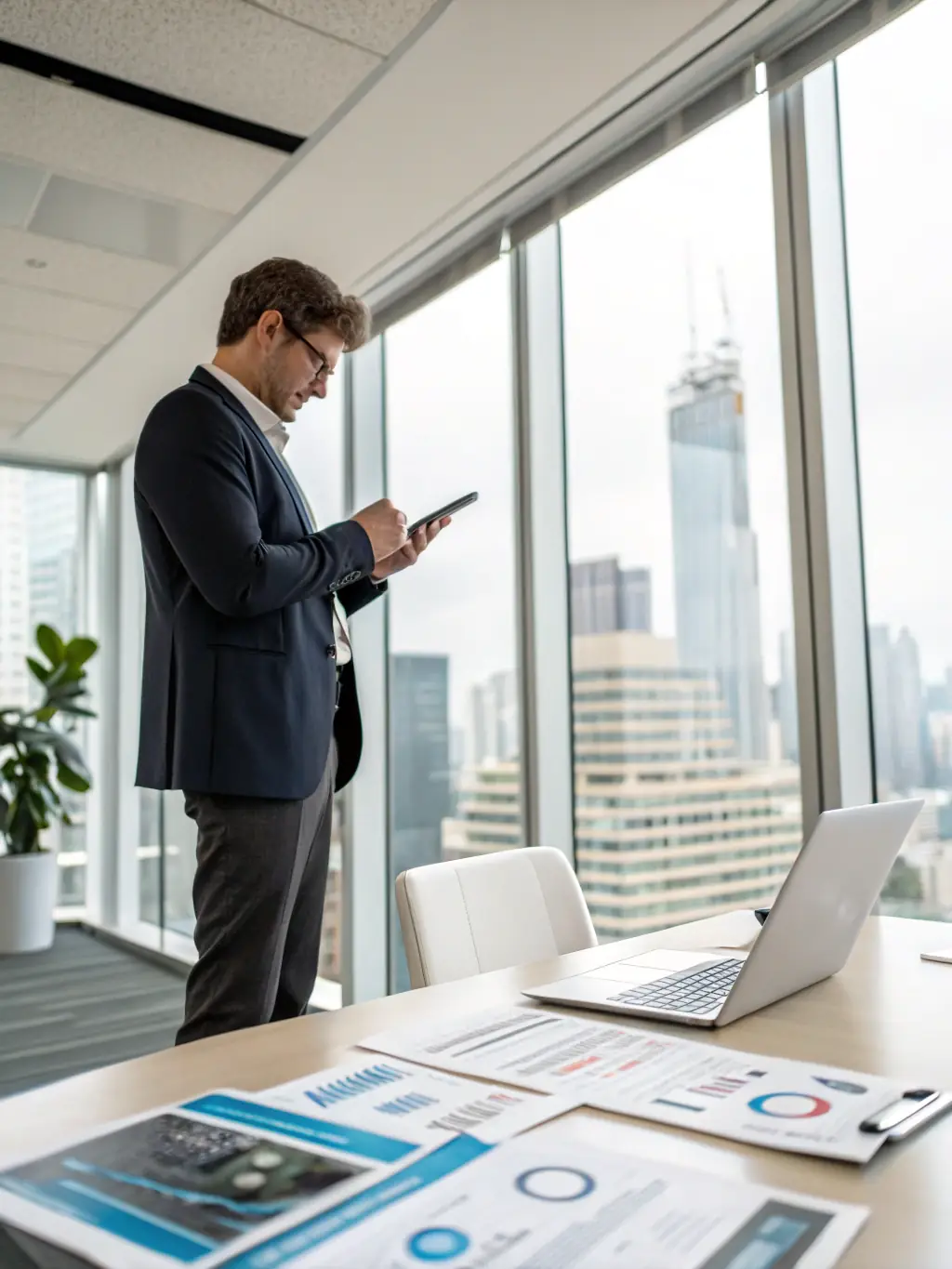 A confident real estate agent reviewing automated lead notifications on a tablet in a modern office, representing digital marketing automation for realtors.