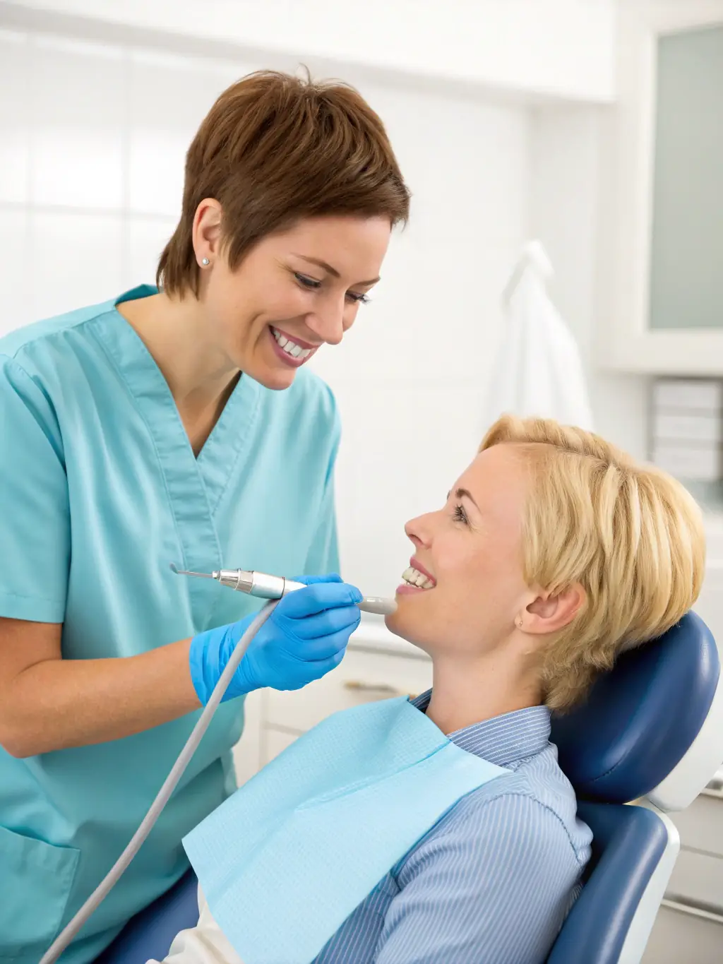 A dentist smiling with a patient while a screen displays personalized appointment reminders, highlighting improved client engagement.