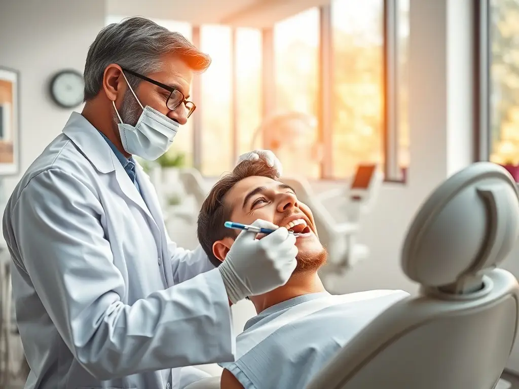 A modern dental office with a dentist and assistant reviewing a digital marketing dashboard on a tablet, surrounded by dental equipment and a patient in the chair, conveying technology integration in healthcare.