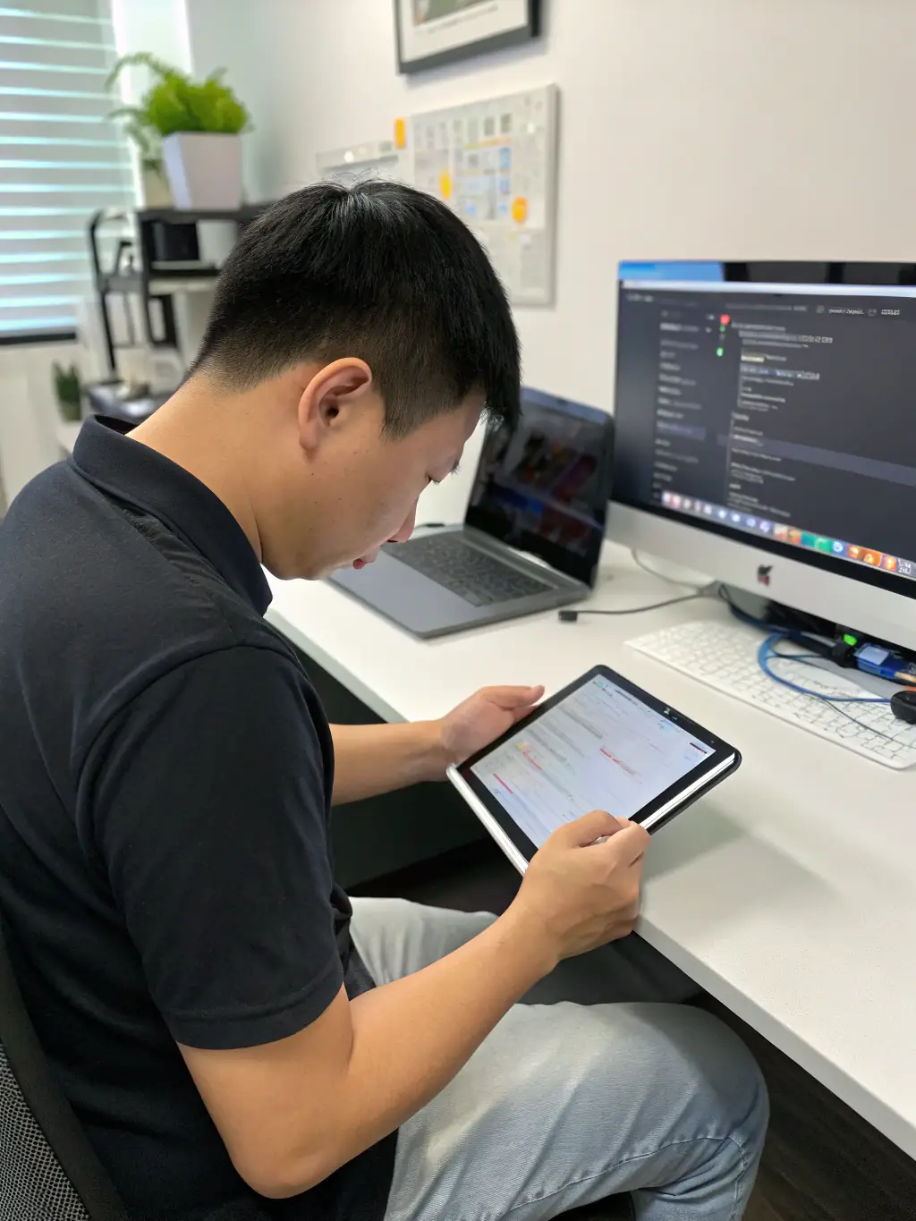A home services professional using a tablet to schedule appointments, surrounded by digital notifications and a clean workspace, symbolizing streamlined operations.