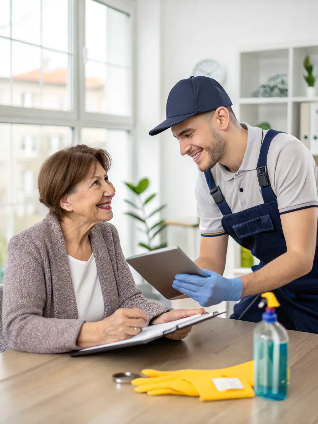 A cleaning company team leader checking a digital dashboard with automated job assignments and client feedback notifications, in a tidy office setting.